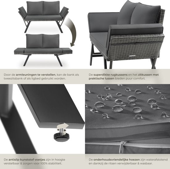 tectake® 2-in-1 Geflecht-Gartenbank Sintra - Verstellbare Handläufe - Gartenset - Liege - Balkon-Lounge-Bank - Inkl. Kissen - Outdoor-Lounge-Sofa - UV- und witterungsbeständige Sonnenliege - Grau