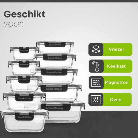 Savoré Küche Aufbewahrungsschalen Set - Mahlzeit Vorbereitung Tabletts - Gefrierschrank Tabletts Glas - luftdicht - 10 Stück