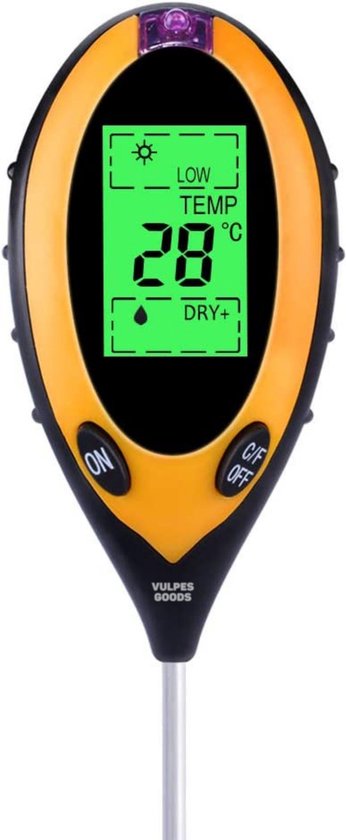 Vulpes Goods® Feuchtemessgerät für Pflanzen - 4-in-1 - Feuchtemessgerät - Innen und Außen - Hygrometer für Zimmerpflanzen - - pH, Lichtmessgerät, Temperaturmessgerät und Feuchtemessgerät - Bodenfeuchtemessgerät - PRO Version - inkl. Batterie