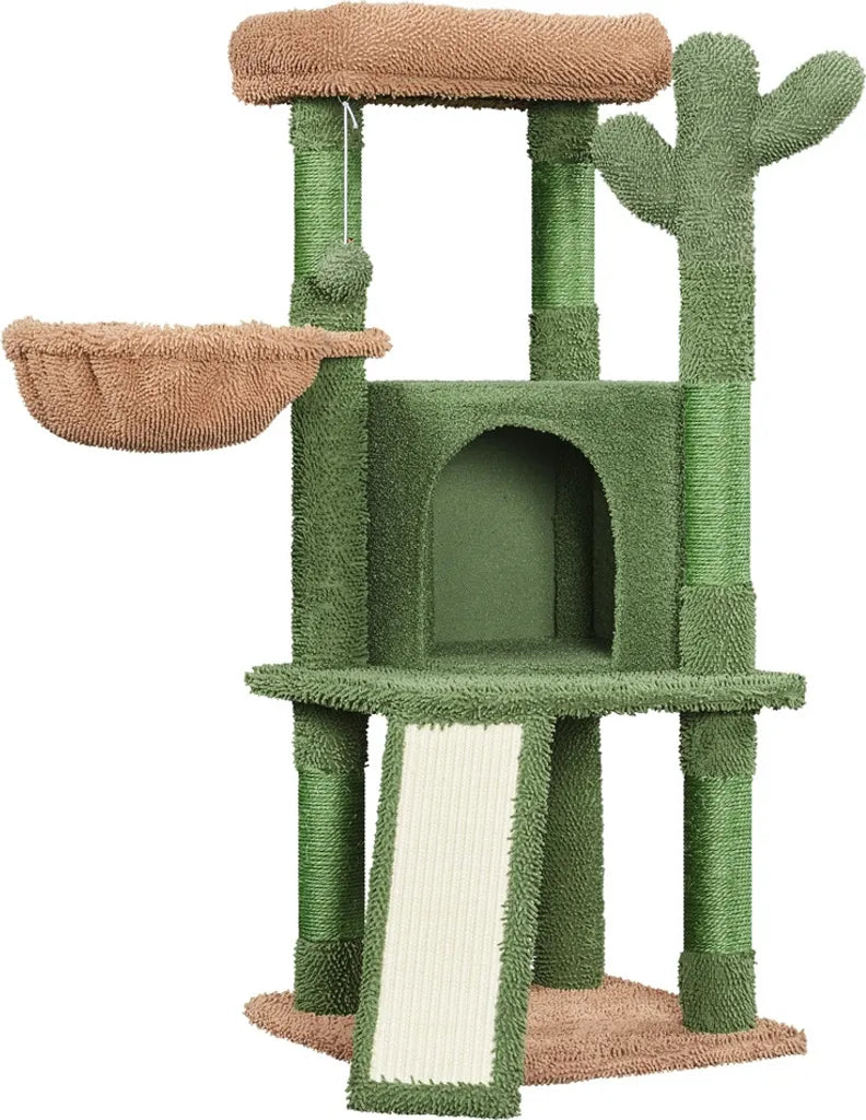 Yaheetech Kaktus Kratzbaum XS 42,5 x 42,5 x 106,5 cm – Grün/Braun – Kratzbaum mit Katzenhaus, Hängekorb und Sisalstangen