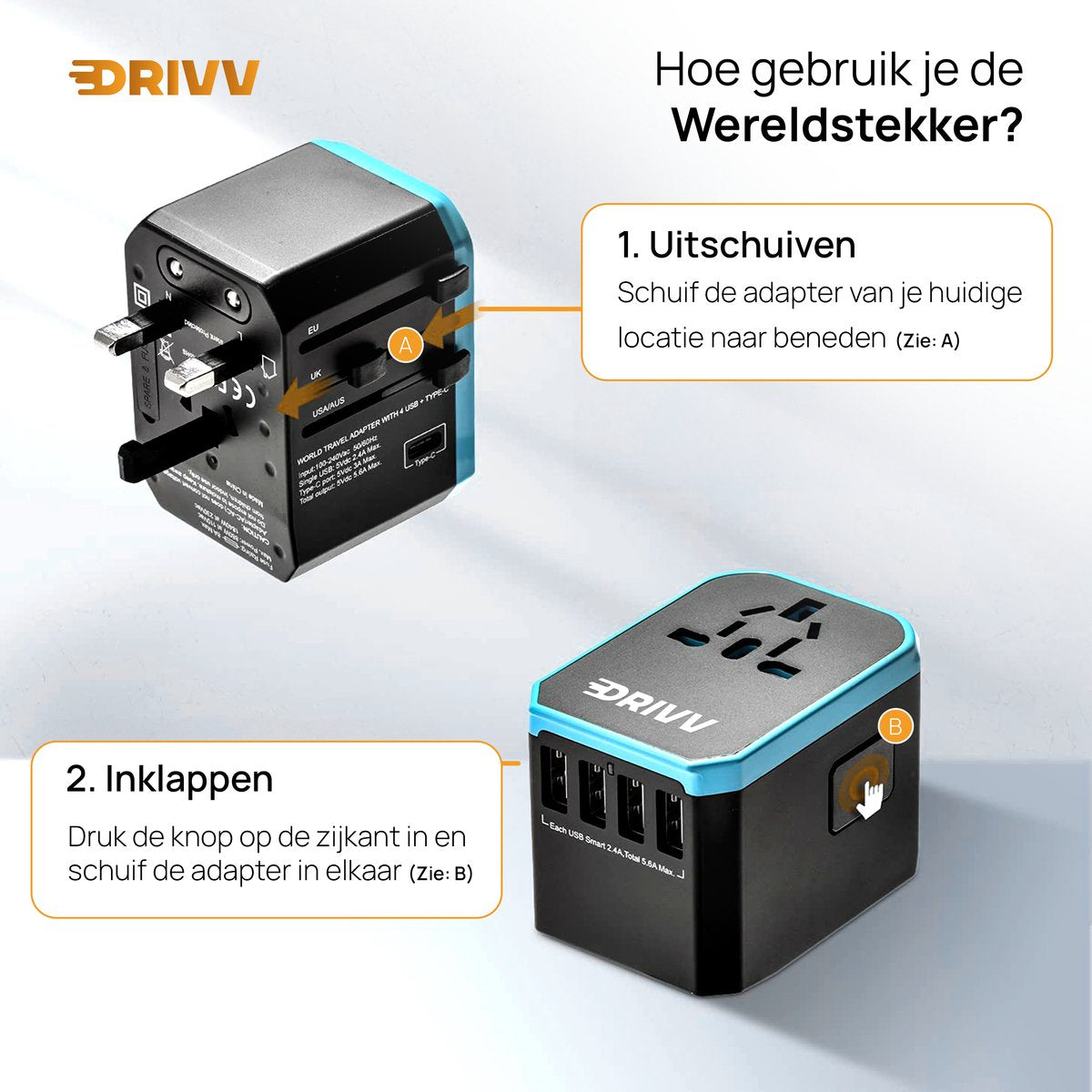 Drivv. Universeller Weltstecker – 4x USB & 1x USB-C-Schnelllade-Reiseadapter – Reisestecker für Amerika / England / Großbritannien / Kanada / Afrika / Japan / Mexiko / Thailand / Südamerika – Typ A, B, C, E, F, G, I, J, L, N – über 150 Länder – Reiseadapt