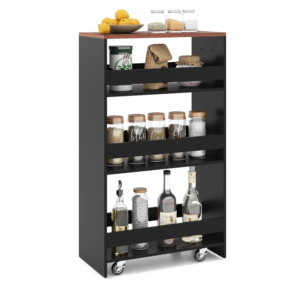 Coast schmaler Küchenwagen – 4-stöckiger Aufbewahrungswagen auf Rädern, 47,5 x 25 x 80,5 cm – Schwarz/Braun