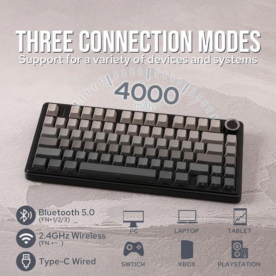 AULA F75 Pro – Kabellose Gaming-Tastatur – Mechanisch – Seitlich bedruckte Tasten – Gasket-Schalter – Hot-Swap – Tri-Mode – QWERTY-Tastatur – 80 Tasten – Schwarz-Grau
