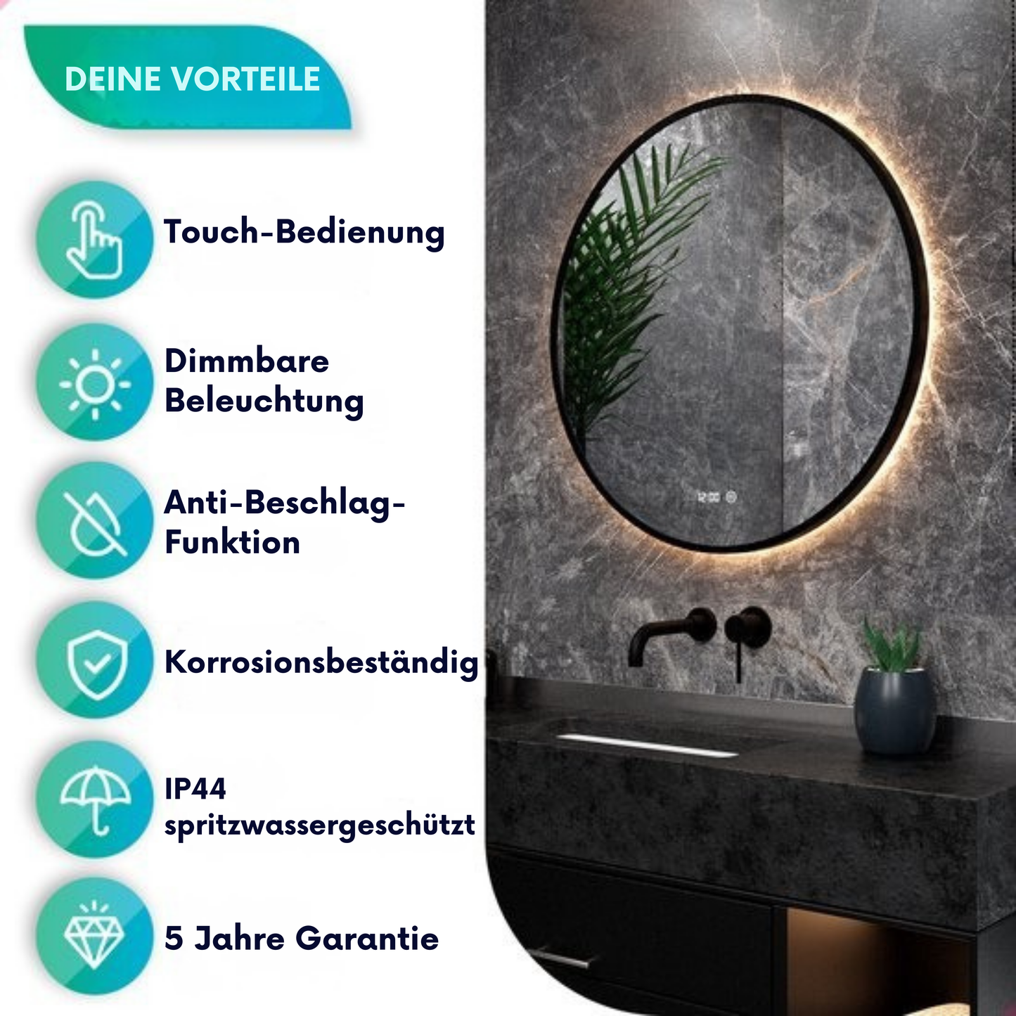 Mirlux Badezimmerspiegel - LED-Beleuchtung & Heizung - Anti-Kondensation - Rund - Mattschwarz - 80CM