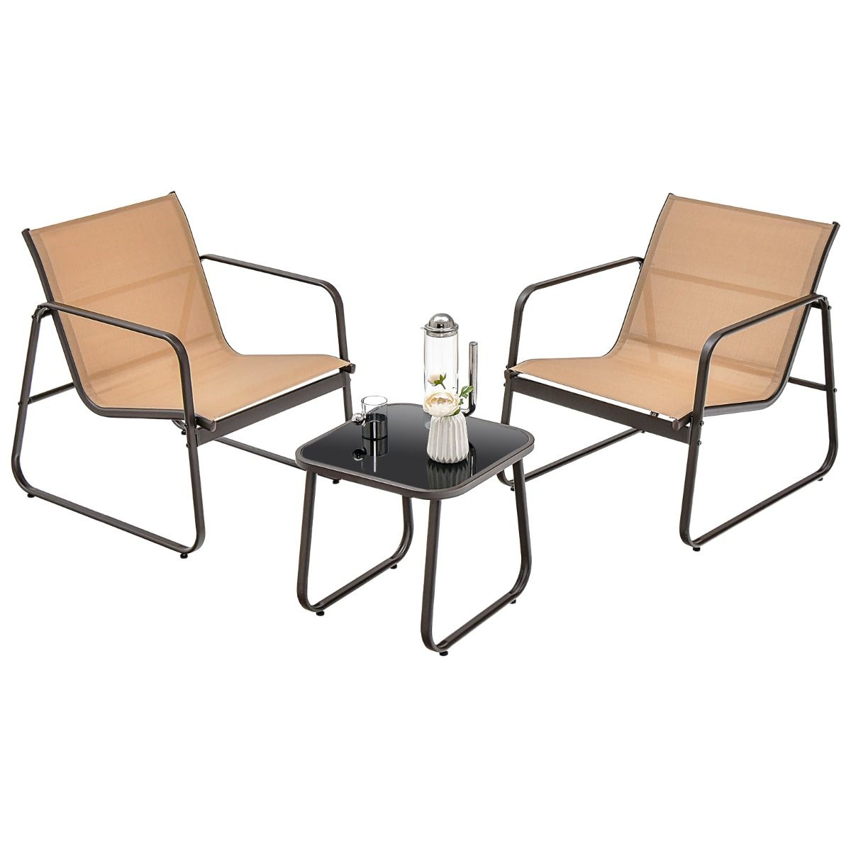 coast 3-tlg. Gartenmöbel-Set - 2 Stühle 77x61x75 cm + Couchtisch 44x44x41 cm - brauner atmungsaktiver Stoff & Metallgestell