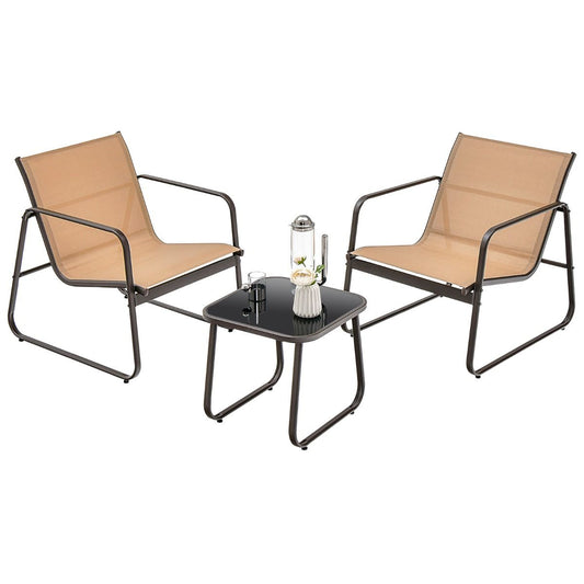 coast 3-tlg. Gartenmöbel-Set - 2 Stühle 77x61x75 cm + Couchtisch 44x44x41 cm - brauner atmungsaktiver Stoff & Metallgestell