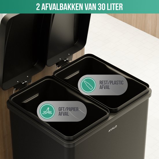 Avalo Mülleimer Abfalltrennung 60 Liter - Edelstahl Schwarz - 2 Fächer - Umweltbewusst, Hygienisch & Fingerabdruckfrei - Treteimer / Mülleimer