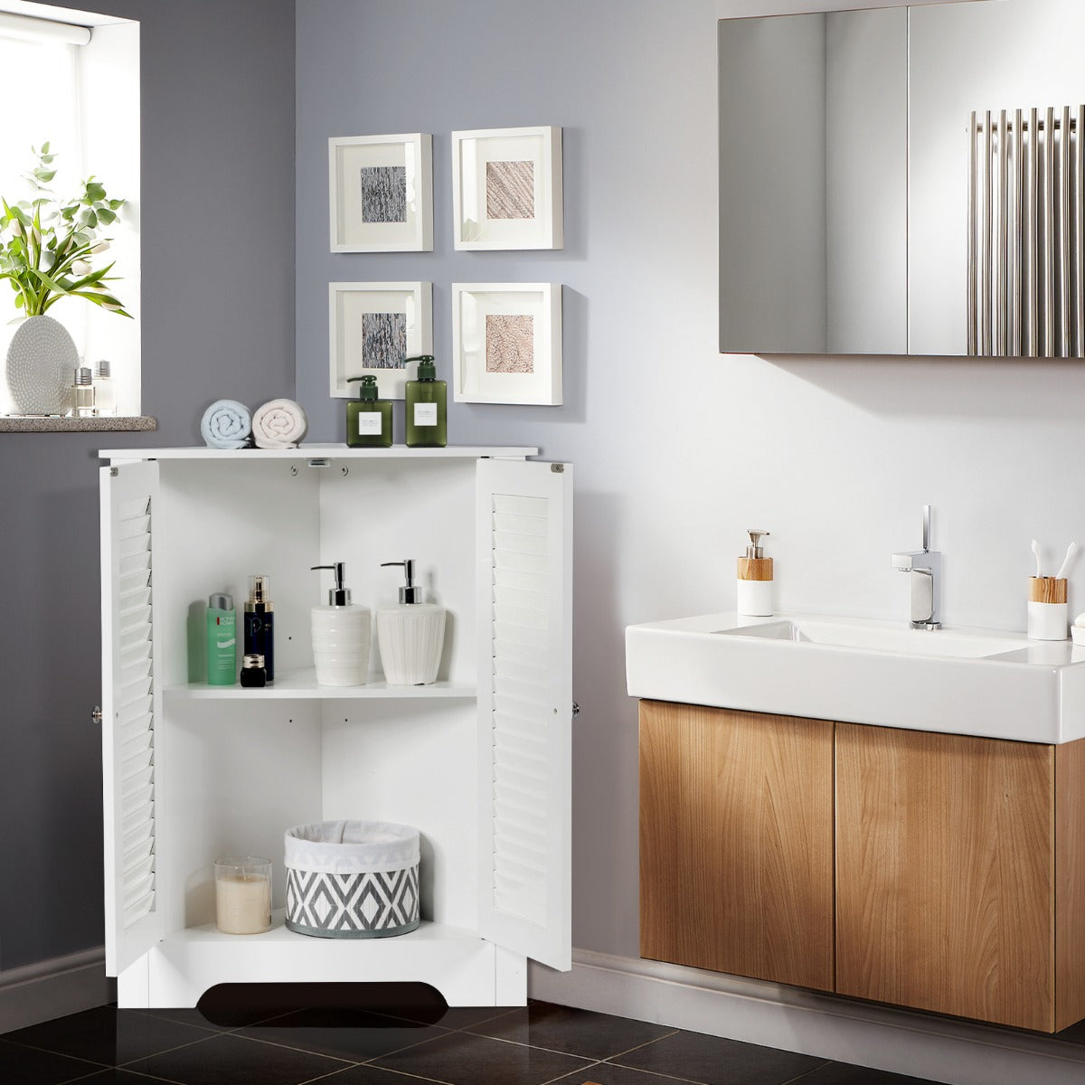 Coast Eckschrank - Lattentür - Verstellbarer Einlegeboden - MDF - 63 x 32 x 81,5 cm - Weiß