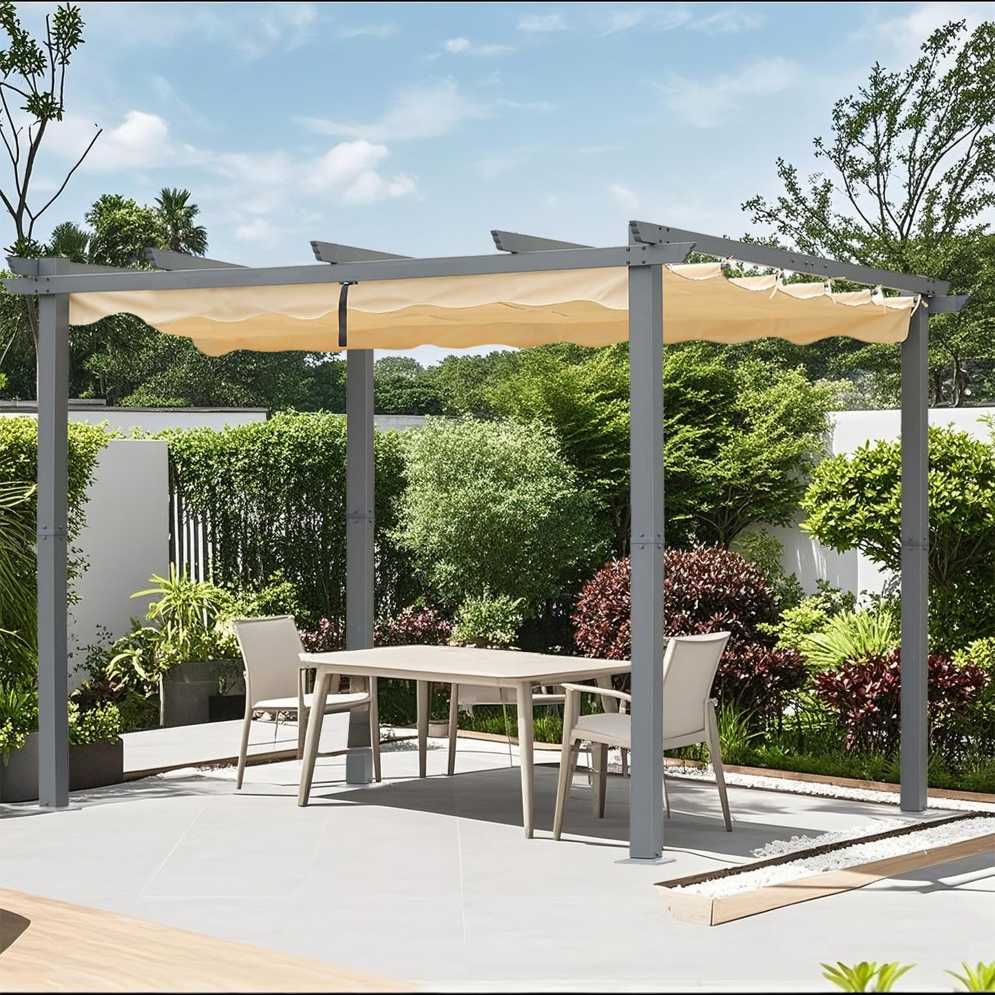 Angel Living Aluminium-Terrassenpergola mit einziehbarem Dach – 3 x 4 m – Beige