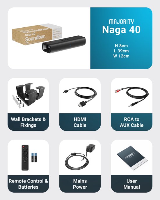 Majority Naga 40 Soundbar für TV - Inklusive Soundbar-Halterung - Mit eingebautem Subwoofer - Bluetooth 5.0, HDMI ARC, optischer und AUX-Anschluss - 2.1 Surround Sound - Fernbedienung - schwarz