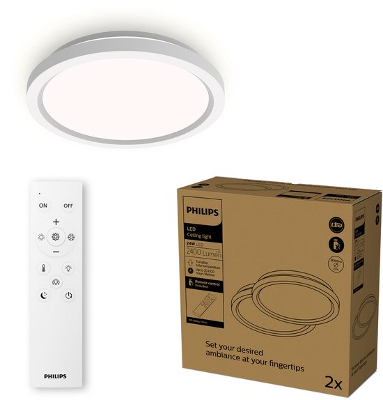 Philips All-in-One-Deckenleuchte – 2er-Pack – mit Fernbedienung – 24 W – LED-Beleuchtung – warmweißes bis kaltweißes Licht; 2700 K bis 6500 K – 30 cm – weiß – rund