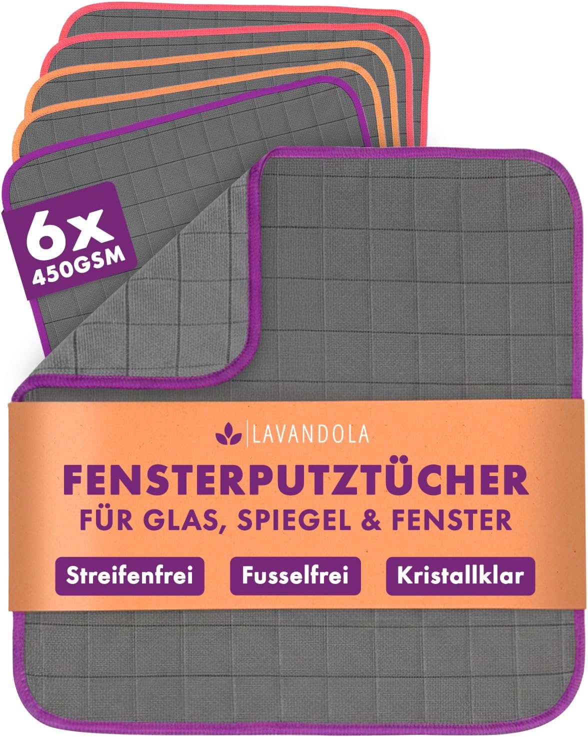 Lavandola® 6er-Pack Carbon-Mikrofasertücher für Fenster, 30 x 30 cm – 450 g/m² – streifenfrei & besonders saugfähig – Glas, Spiegel & Auto