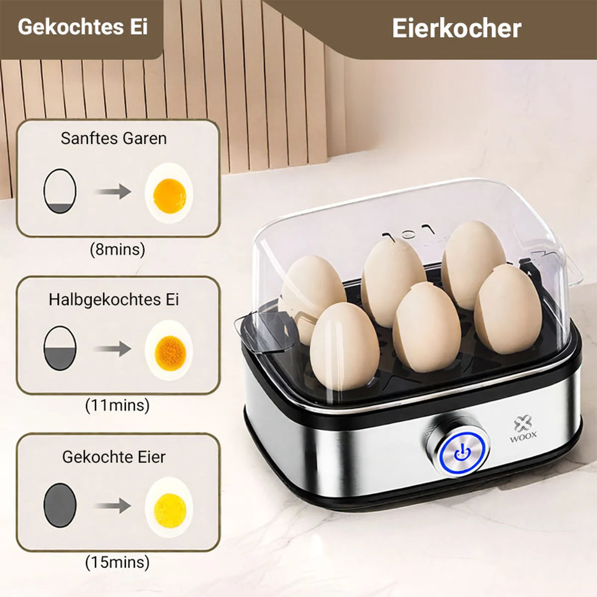 WOOX Elektrischer Eierkocher – 6 Eier – 300 W – Automatische Abschaltung – Mit Messbecher – Edelstahl