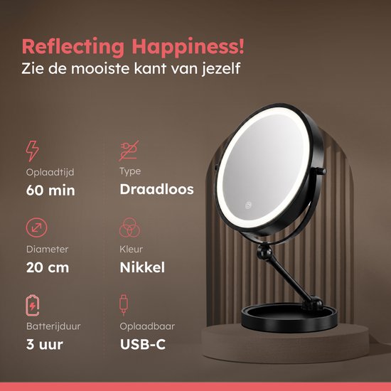 Fraay® Make-up-Spiegel mit LED-Beleuchtung – 10-fache Vergrößerung – Vergrößerungsspiegel mit Licht – Wiederaufladbar – Rasierspiegel – Badezimmerspiegel – Schwarz