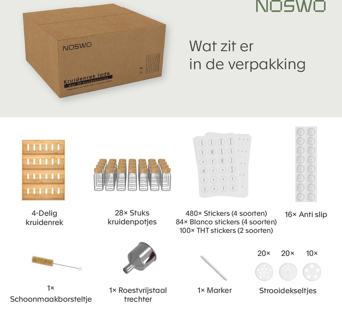 Noswo Gewürzregal Schublade - Mit 28 Gläsern - Komplettset - Quadratisch - Streudeckel und Etiketten - Gewürz-Organisator - Küchenschubladen-Organisator - Bambus