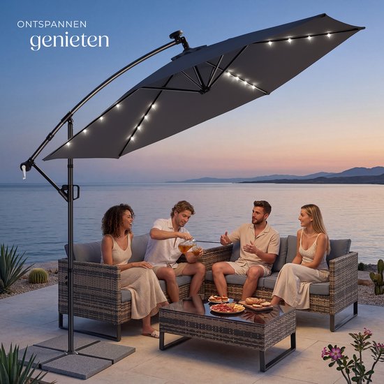 tectake® Schwebeschirm mit Fuß – 3 x 3 m – Gartenschirm mit solarbetriebener LED-Beleuchtung – drehbar – wasserabweisendes Polyester mit UV-Schutz – inklusive Schutzhülle – grau