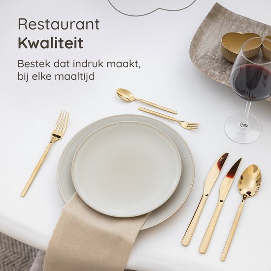 Deleca 6 Personen Luxus-Edelstahl-Besteck-Set Amor (36 Teile) - Löffel, Messer, Gabeln, Steakmesser & Kuchengabeln - spülmaschinenfest - Gold-Design-Besteck - 18/0 Edelstahl