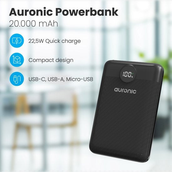 Auronic Powerbank - Schnellladegerät für iPhone und Samsung - 20.000 mAh - 22,5 W - 3 Ladeanschlüsse - Schnellladen über USB-A und USB-C - Schwarz