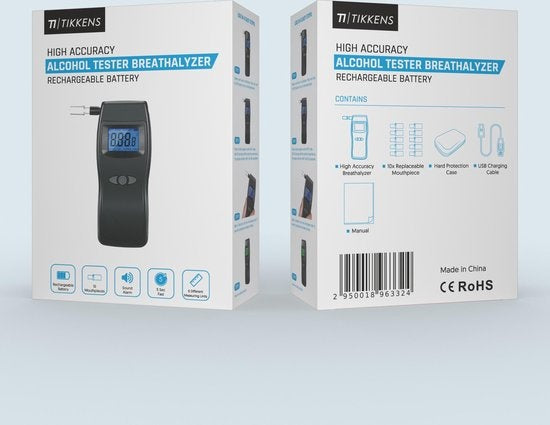 TIKKENSÂ® Digitaler Alkoholtester - Geeignet für Frankreich, Niederlande, Belgien, ... - Alkoholtest - USB Wiederaufladbar - Alkoholtester - 10 Extra Mundstücke - Schwarz