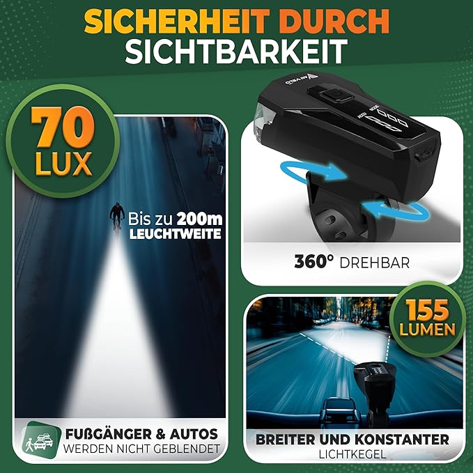 MIVELO Fahrradlicht-Set - USB aufladbar & wasserdicht - 70 Lux - Schwarz