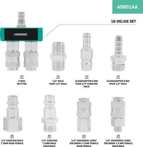 VONROC Luftanschluss-Set – 16-teilig – Zubehörset für Druckluftsysteme – 1/4" – EU-RO/DIN 7,2 mm – ORION