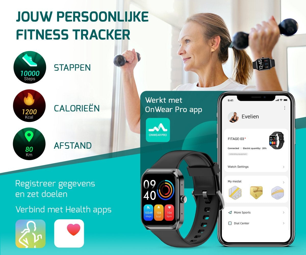 FITAGE Smartwatch - Schrittzähler - Sportuhr - Schwarz