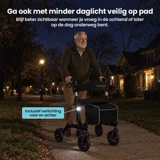 TrueSafe Rollator, leicht und zusammenklappbar (6,9 kg) – Für drinnen und draußen – Inkl. ergonomischem Sitzkissen, Beleuchtung, Rückenlehne, Gehstockhalter und mehr – Schwarz