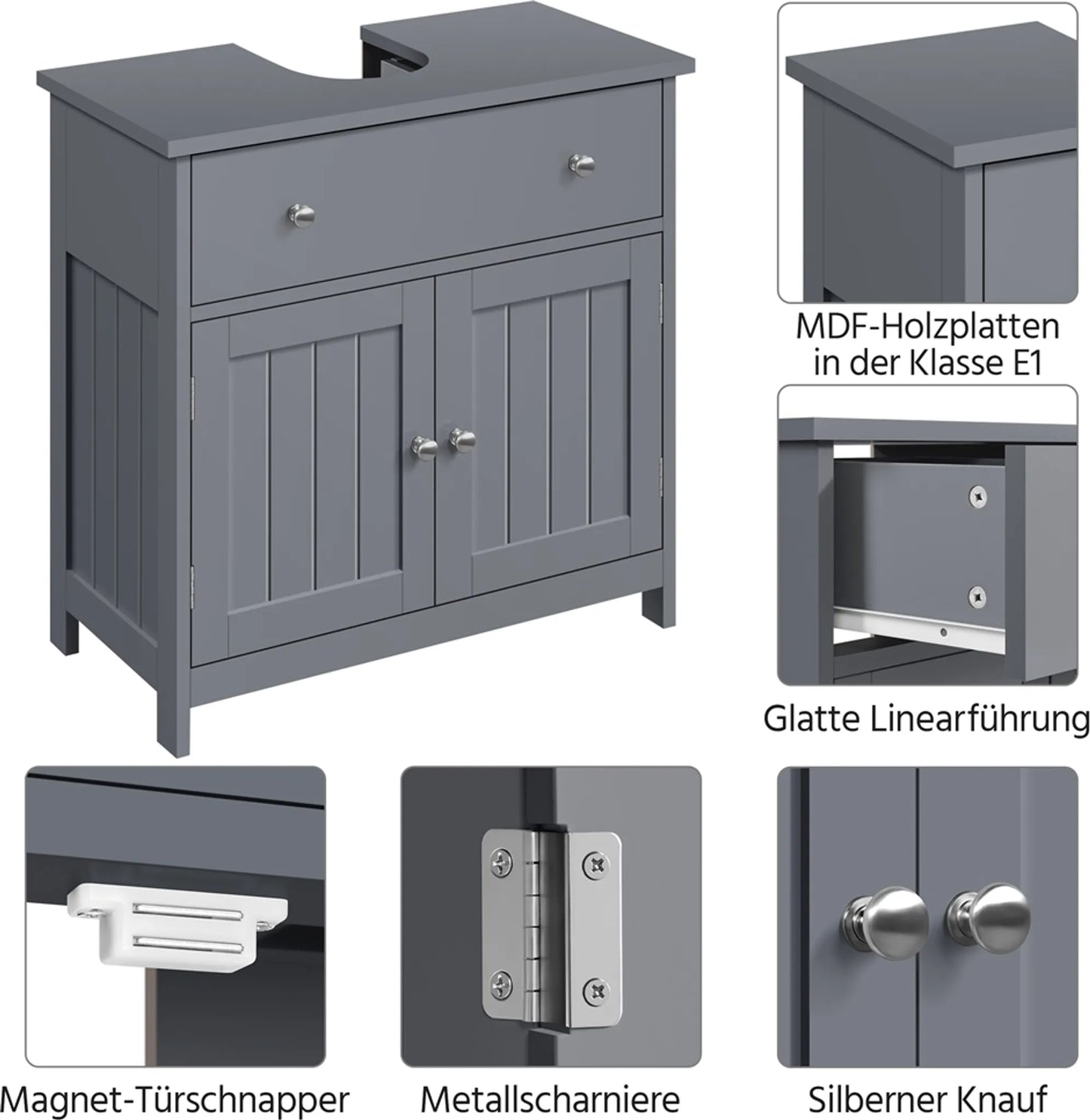 Yaheetech Unterschrank mit Schublade und zwei Fächern - Ausgestattet mit Siphonausschnitt und wasserabweisender Beschichtung und Metallbeschlägen - Für Badezimmer im Landhausstil - Dunkelgraues Mdf und Metall - 60 x 30 x 60 cm