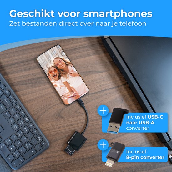 Nuvance SD Kartenleser - SD Kartenleser USB C - Kartenleser - inkl. Usb & 8-Pin Konverter - Speicherkartenleser Micro SD - Schwarz