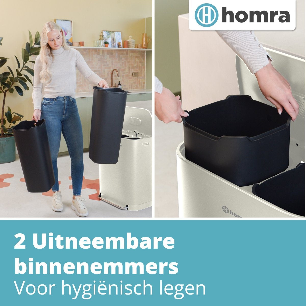 Homra Rockx Mülleimer 60 Liter - Duo-Treteimer 2X30L mit Geruchsfilter - Edelstahl Mülltrennung Mülleimer 2 Fächer - Recycling Mülleimer - Mülleimer Küche Mülltrennung - Abfalleimer - Doppelmülleimer Weiß Creme