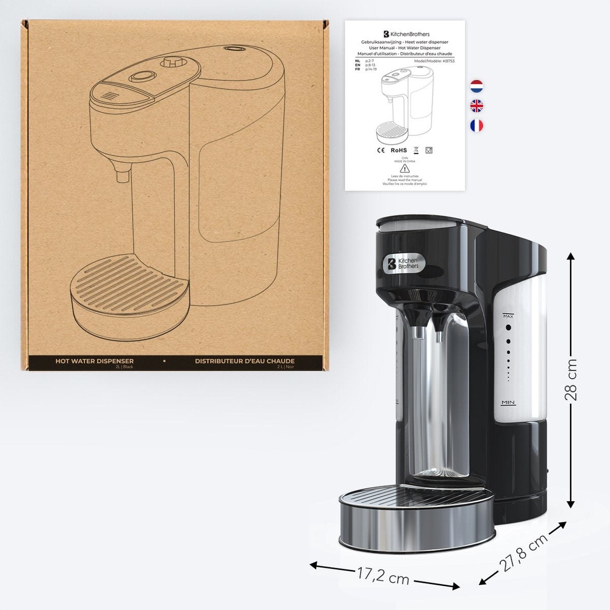 KitchenBrothers Heißwasserspender - 2L - 3000W - Edelstahl/Schwarz