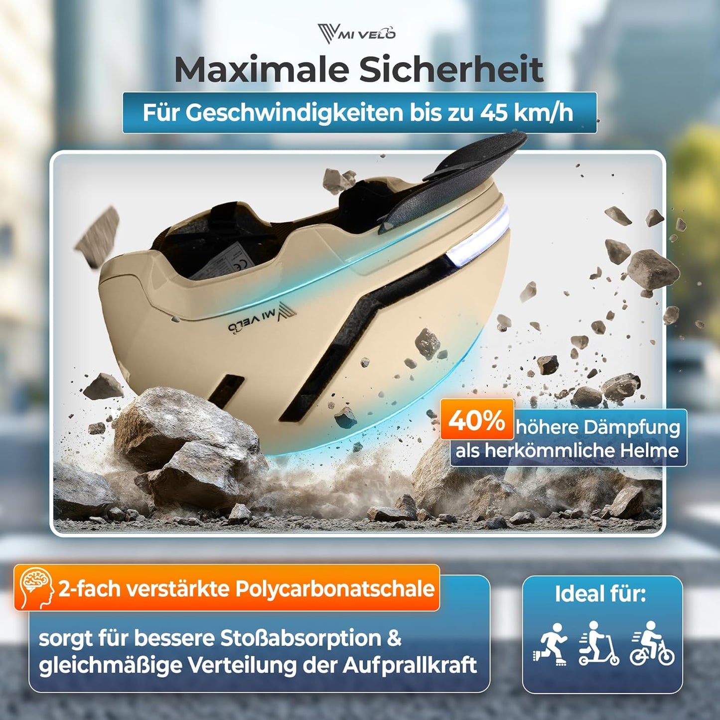 Mivelo Unisex-Radhelm NOVA - Mit Licht - NTA-zertifiziert bis zu 45km/h - Beige - Größe M (54-58 cm)