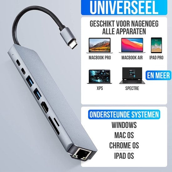 Strex 8 in 1 USB C Hub - Docking Station - USB Splitter - 4K HDMI - USB A - USB C - Ethernet - Micro SD - Geeignet für Laptop, Macbook, Windows