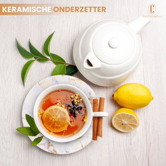 Castagnola Keramik Untersetzer mit Halter - Untersetzer für Gläser - Untersetzer Design - Untersetzer Set - Untersetzer zum Trinken - Keramik - Kork - 6er Set - Weiß/Gold