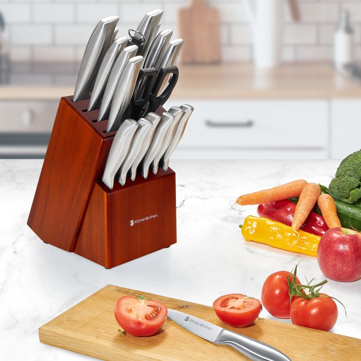 KitchenBrothers Messerset - Messerblock - 16-teilig - mit Schere und Wetzstahl - Akazienholz