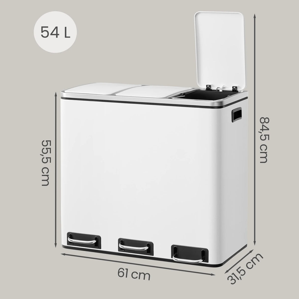 Joyfurnos Küchenabfalleimer 3x18 l – Mülltrennung mit Pedal – Soft-Close-Deckel – 61 x 31,5 x 55,5 cm – Weiß