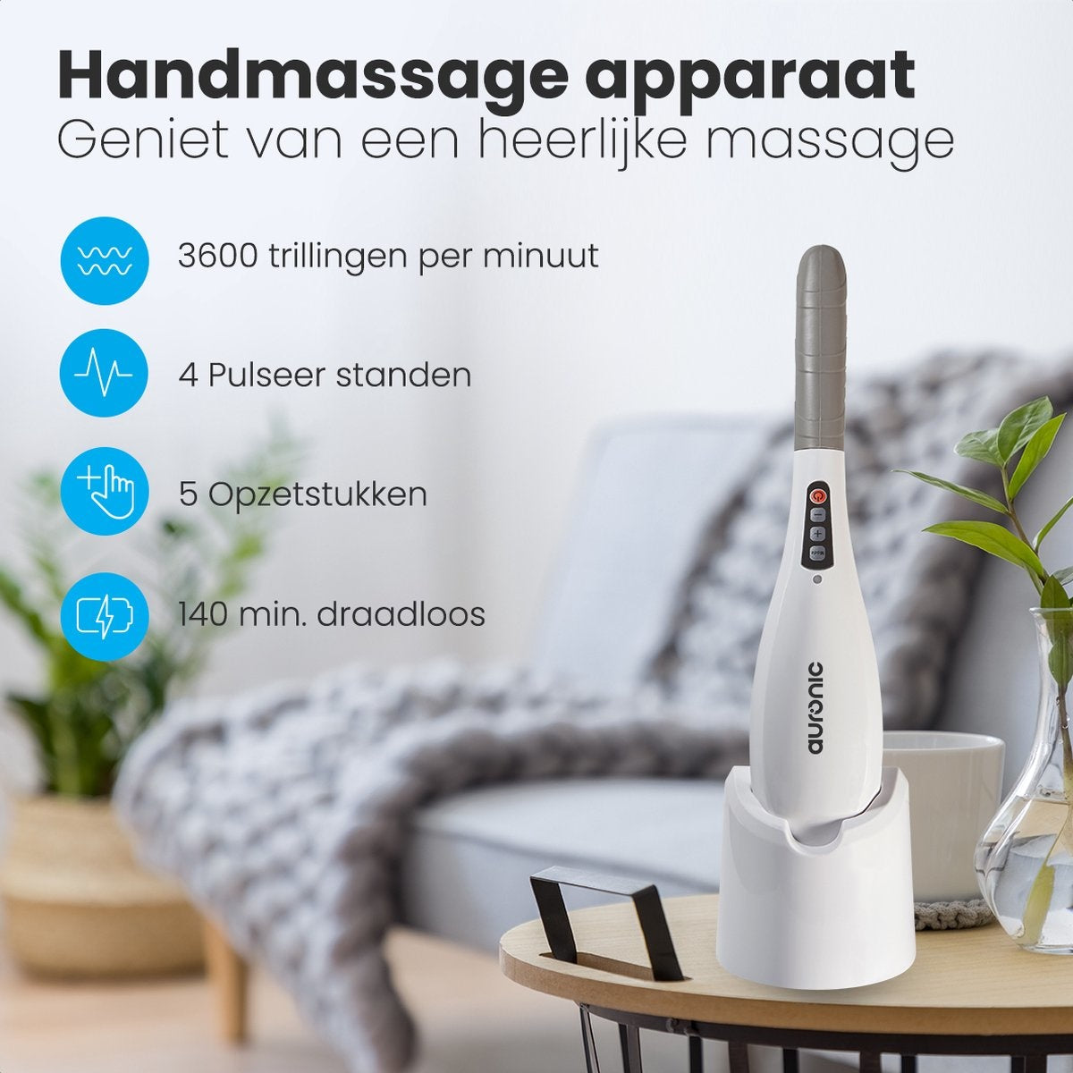 Auronic Massagegerät Nacken- und Rückenmassage Kabellos 5 Aufsätze Weiß/Grau