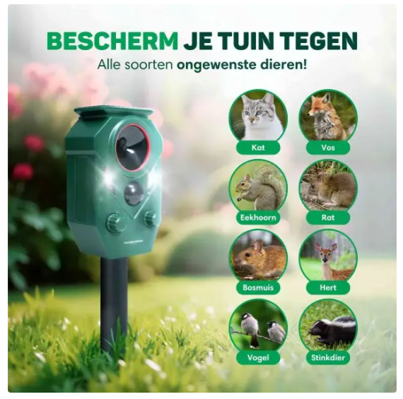 Vulpes Goods® - Katzenvertreiber Premium - 5 x 9 x 14 cm - Mit 5 Arbeitsmodi und PIR-Sensor und LED-Blitzlicht und Solarenergie - Für Garten und Balkon - Grüner Kunststoff