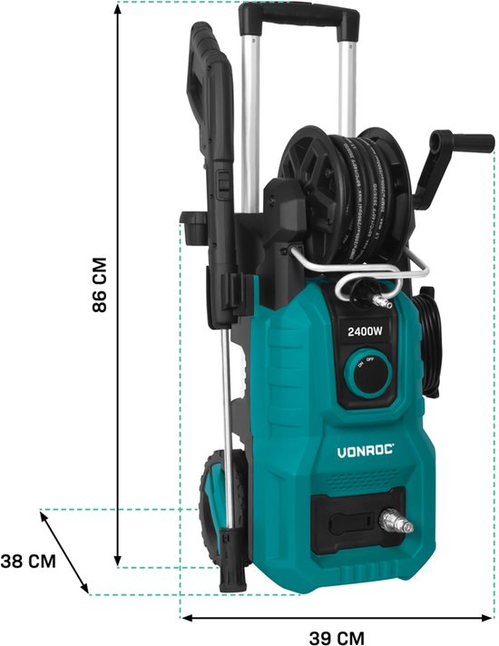 VONROC Hochdruckreiniger V24-1 - 2400W - 180 bar - Inkl. 10m Premium-Schlauch und Zubehör