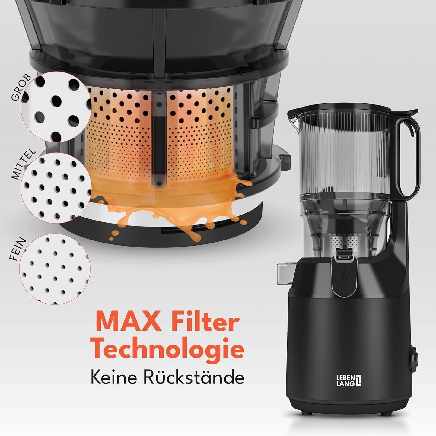 Lebenlang Entsafter - 2 Saftbecher - 250 W - BPA-frei - 20 x 44 cm - Schwarz