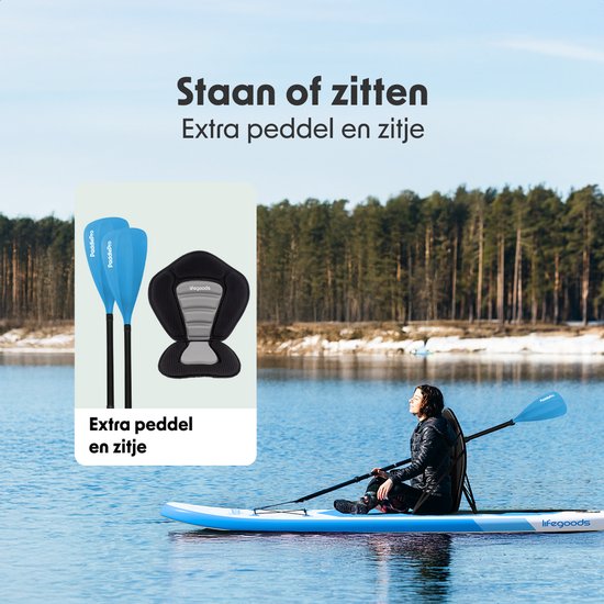 LifeGoods SUP Board All-round Compact - Mit Sitz - 100 KG Tragfähigkeit - 300 x 76 cm - Aufblasbar - Komplettes SUP Paket - Himmelblau