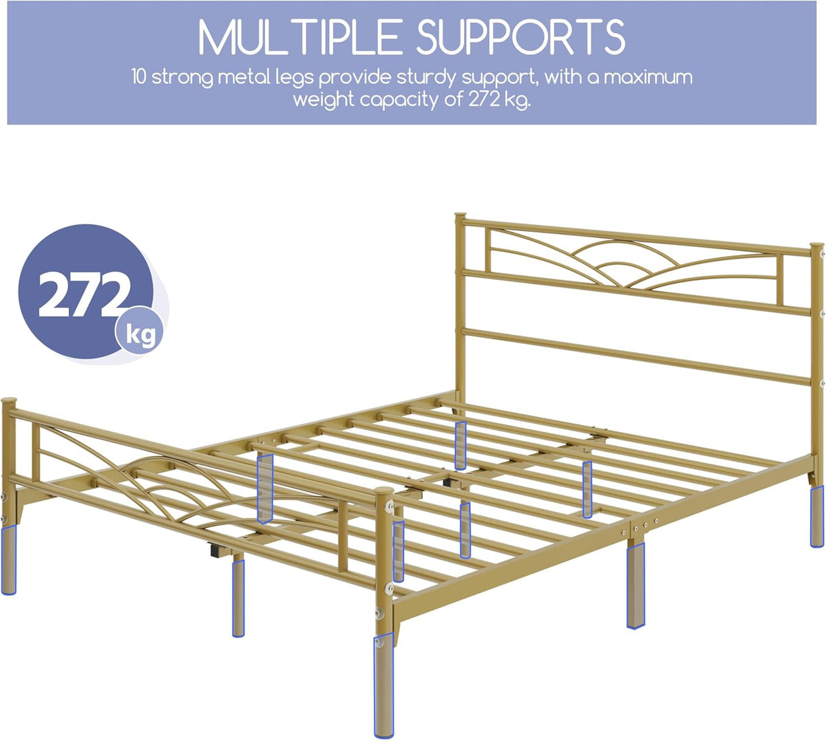 Yaheetech Metall-Bettgestell 140 x 200 cm – Antikgold – Modernes Jugendbett mit Lattenrost und großzügigem Stauraum