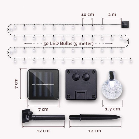 Happy Goods Solar Gartenleuchten - 50 LED Lichterkette für den Außenbereich - 5 m beleuchtet + 2 m Kabel - Außenbeleuchtung Lichtergirlande - Lichterketten