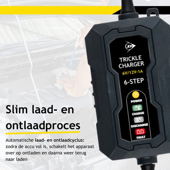 Dunlop Erhaltungsladegerät 6/12 V 1 A – Autoladegerät mit 6-stufigem Ladezyklus – für Roller und Motorräder – kurzschlussgeschützt – Erhaltungsladegerät für Blei- und Gel-Batterien – schwarz
