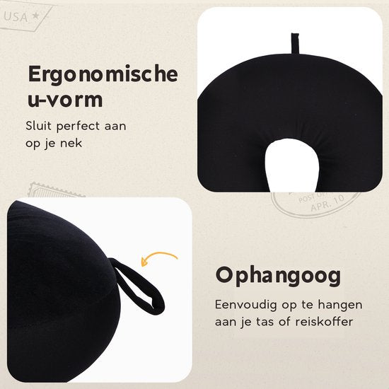 TRAVARA Nackenkissen „The Snuggo“ – Reisekissen mit Mikroperlen für Flugzeug und Auto – Travel Pillow – Schwarz