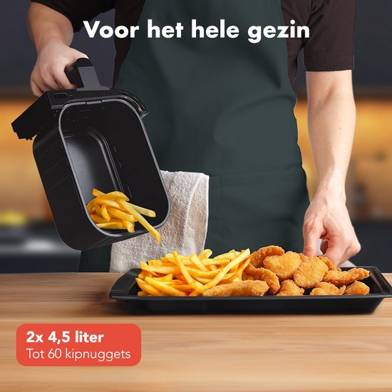 KitchenBrothers Airfryer XXL Dual Zone - 9L - 2400W - Heißluftfritteuse - Doppelter Korb - 50ºC bis 200ºC - 10 Kochprogramme - Schwarz