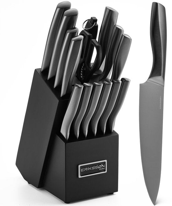 Erikssøn Kitchen 16-teiliges Messerset mit Messerblock – BPA- und PFAS-frei – mit Block, Messerschärfer und Schere – Küchenmesser – Kochmesser – Fleischmesser – kratzfest – 3Cr13-Edelstahl – schwarz