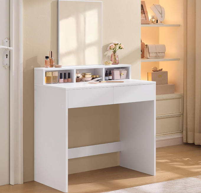 VASAGLE Schminktisch mit Spiegel – 2 Schubladen & 3 Fächer – Weiß – 40 x 80 x 140 cm