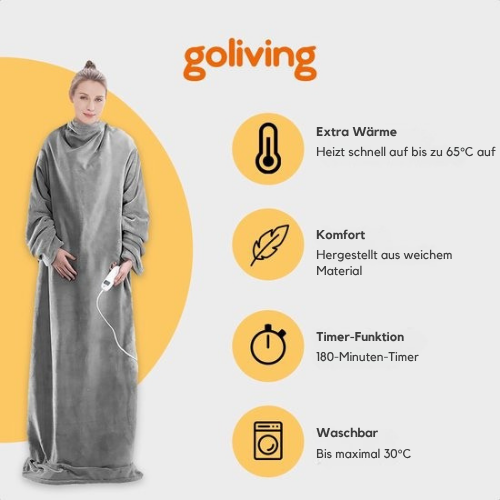 Goliving - Heizdecke mit Ärmeln - Waschbar - mit 9 Einstellungen und Timer - 195x125 cm -Grau