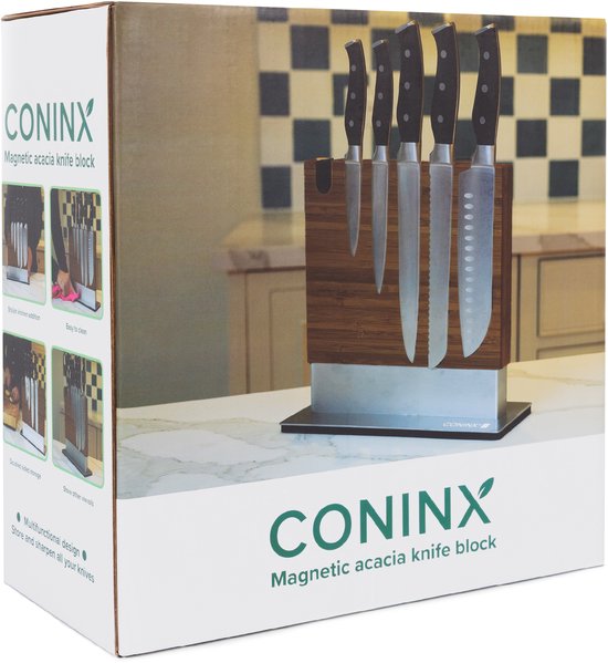 Coninx Vertico Messerblock, magnetisch – Messermagnet mit Messerschärfer – Sockel aus Edelstahl – beidseitiger Magnet – Messerblock ohne Messer – Edelstahl / Akazienholz